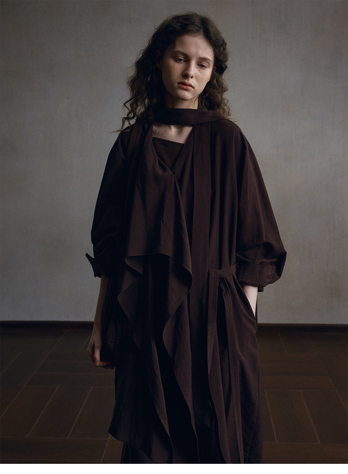 Tencel linen loose lace-up trench coat dress design temperament long coat