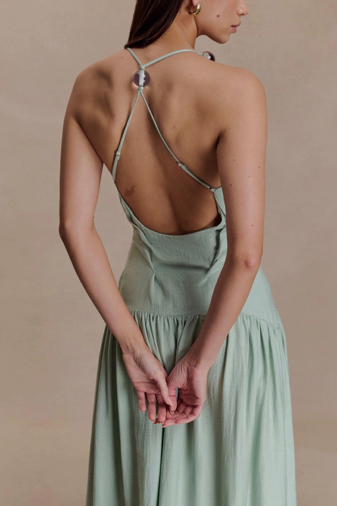 Fashion temperament Elegant V-neck beaded suspender skirt waist backless sexy dress