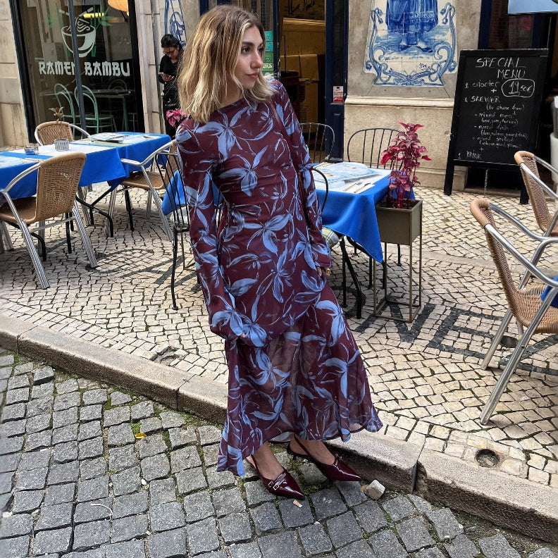 New women's fashion slim holiday dress women's French long-sleeved chiffon print dress