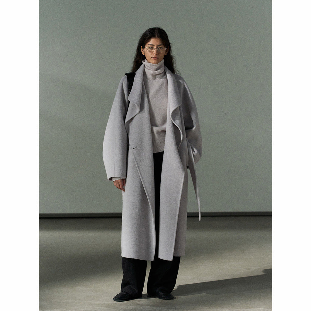 Silk Australian hair lapel double-sided woolen coat natural warm loose lace-up commuter jacket