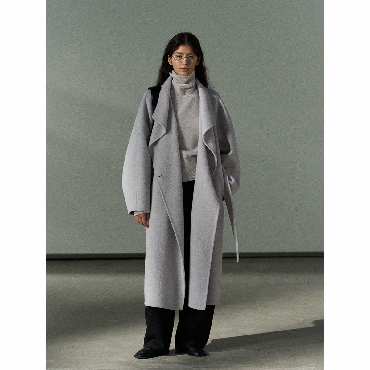 Silk Australian hair lapel double-sided woolen coat natural warm loose lace-up commuter jacket