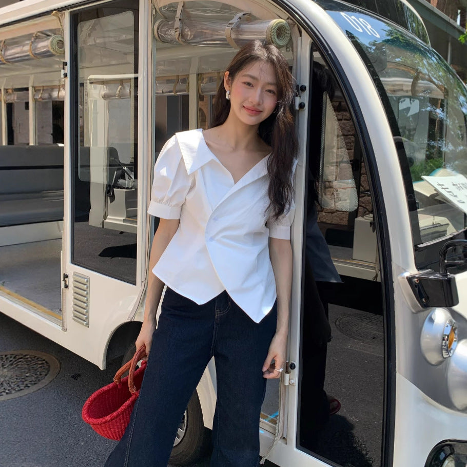 Temperament lapel irregular diagonal buckle waist thin shirt