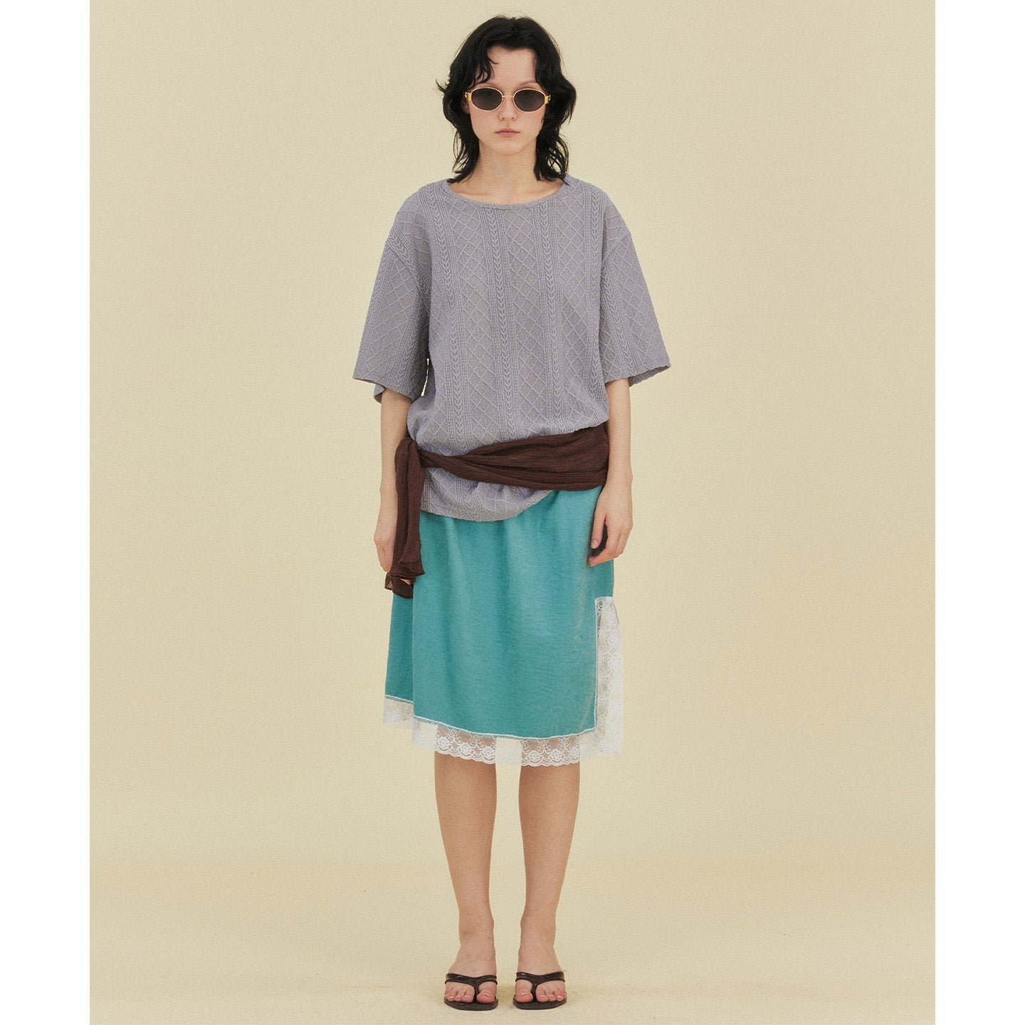 Textured Jacquard Irregular Knitted Short Sleeve T-Shirt