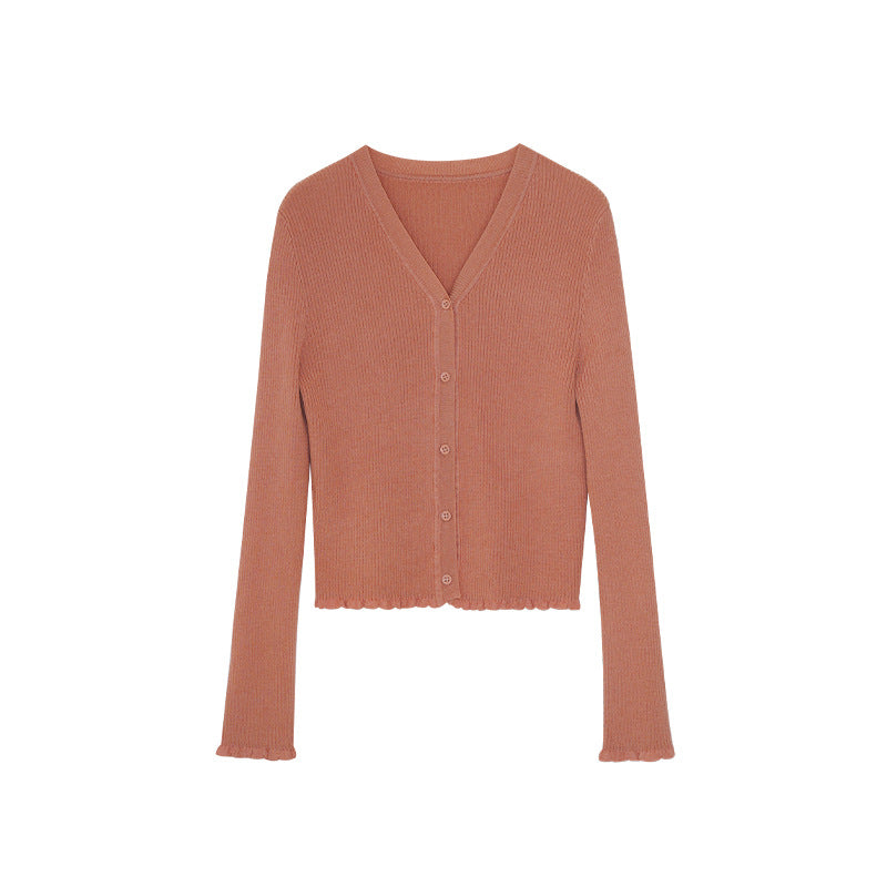Versatile Lyocell pit strip long-sleeved v-neck knitted cardigan