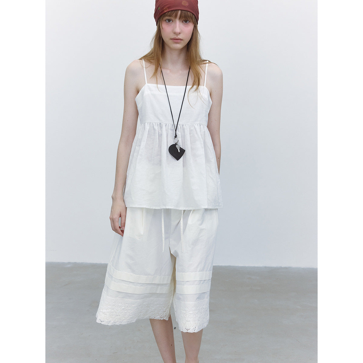 Summer casual double-root split ramie hollow solid color simple suspender top