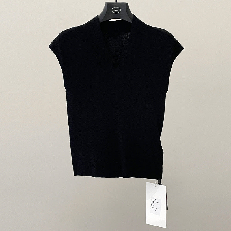 Spring and summer minimalist and versatile muscle-building V-neck slim-fitting and thin small flying-sleeved knitted sweater