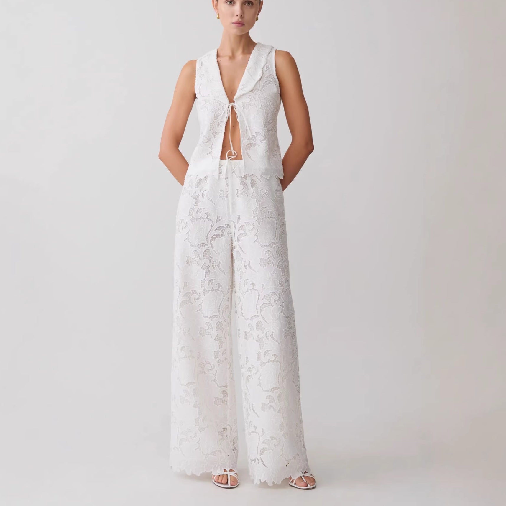 Hollow lace lace-up sleeveless vest wide-leg pants set waist and thin temperament two-piece set