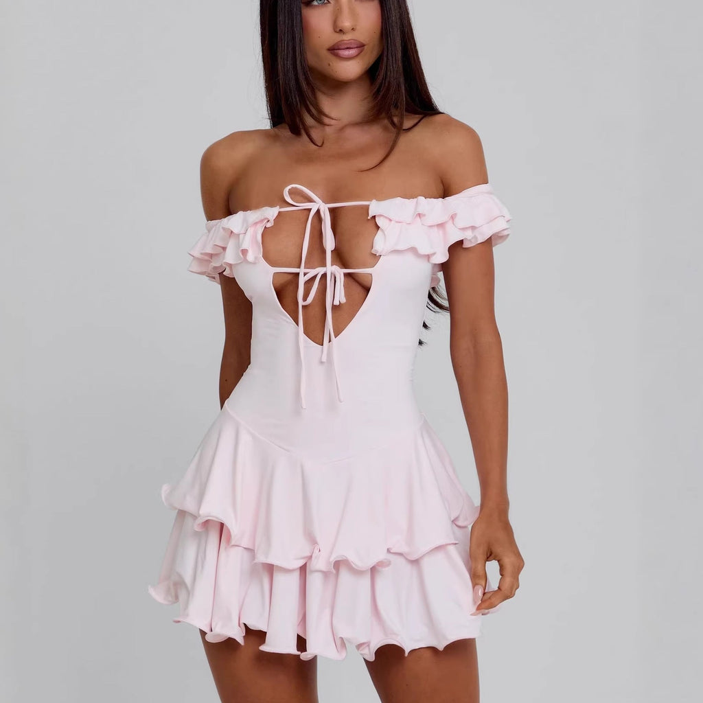 New French sexy pure desire style shoulder skirt slim fungus edge Spice Girl dress