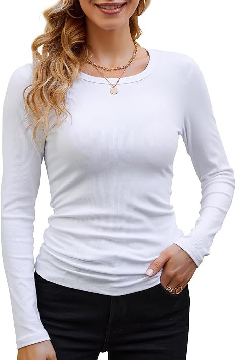 Ribbed Cotton Long Sleeve T-Shirt Women Solid Color Round Neck Slim Fit