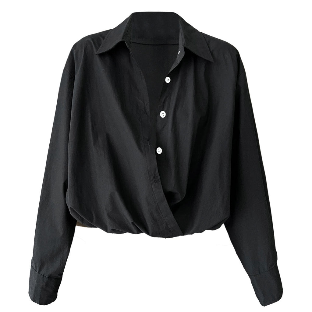Korean high-texture large V-neck stacked shirt women's autumn lazy design hem waist shirt