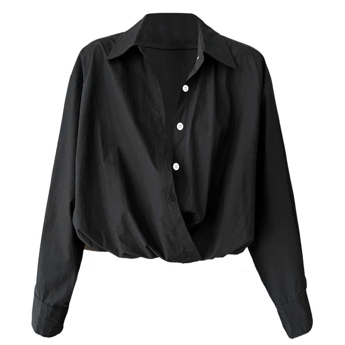 Korean high-texture large V-neck stacked shirt women's autumn lazy design hem waist shirt