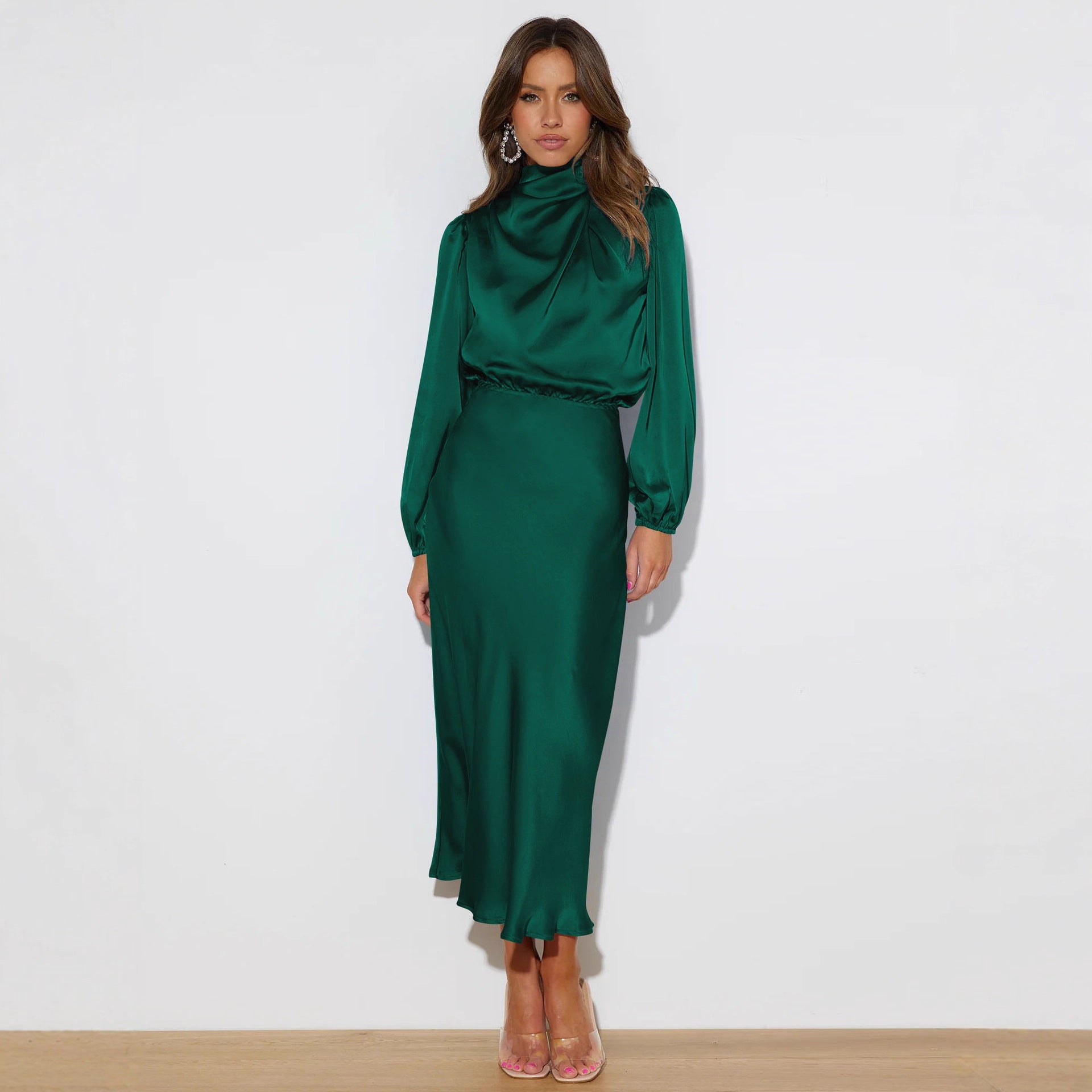 Autumn new high-end satin long-sleeved loose dress temperament elegant evening dress