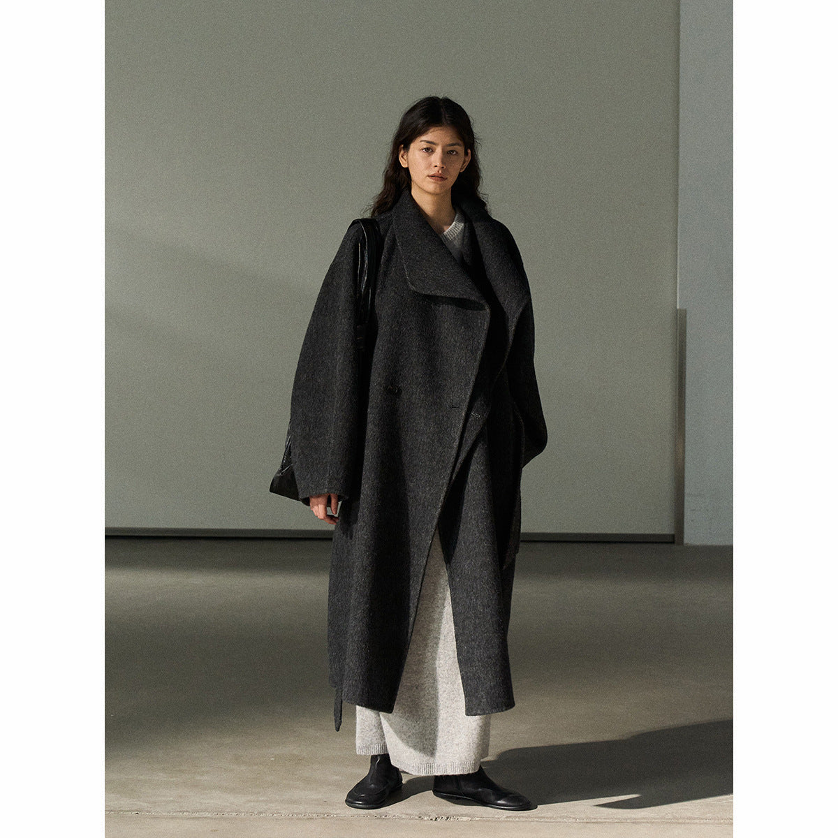 Silk Australian hair lapel double-sided woolen coat natural warm loose lace-up commuter jacket