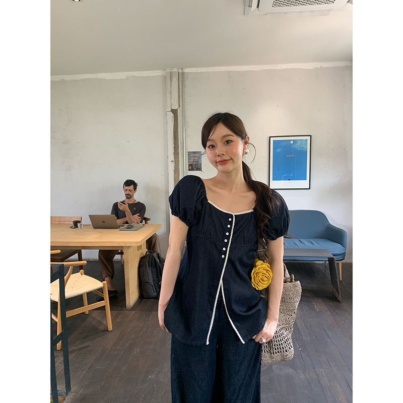 Retro Contrast Denim Square Neck Bubble Sleeve Shirt