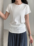 Korean version strap waist T-shirt women's summer new casual round neck versatile short-sleeved front shoulder top