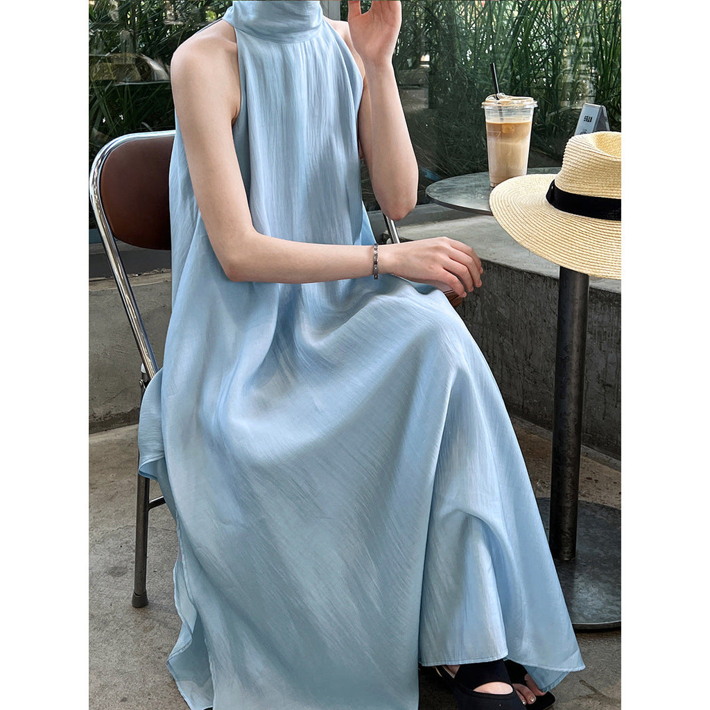 Temperament neck dress summer 2026 super fairy vacation off-the-shoulder Tencel suspender skirt