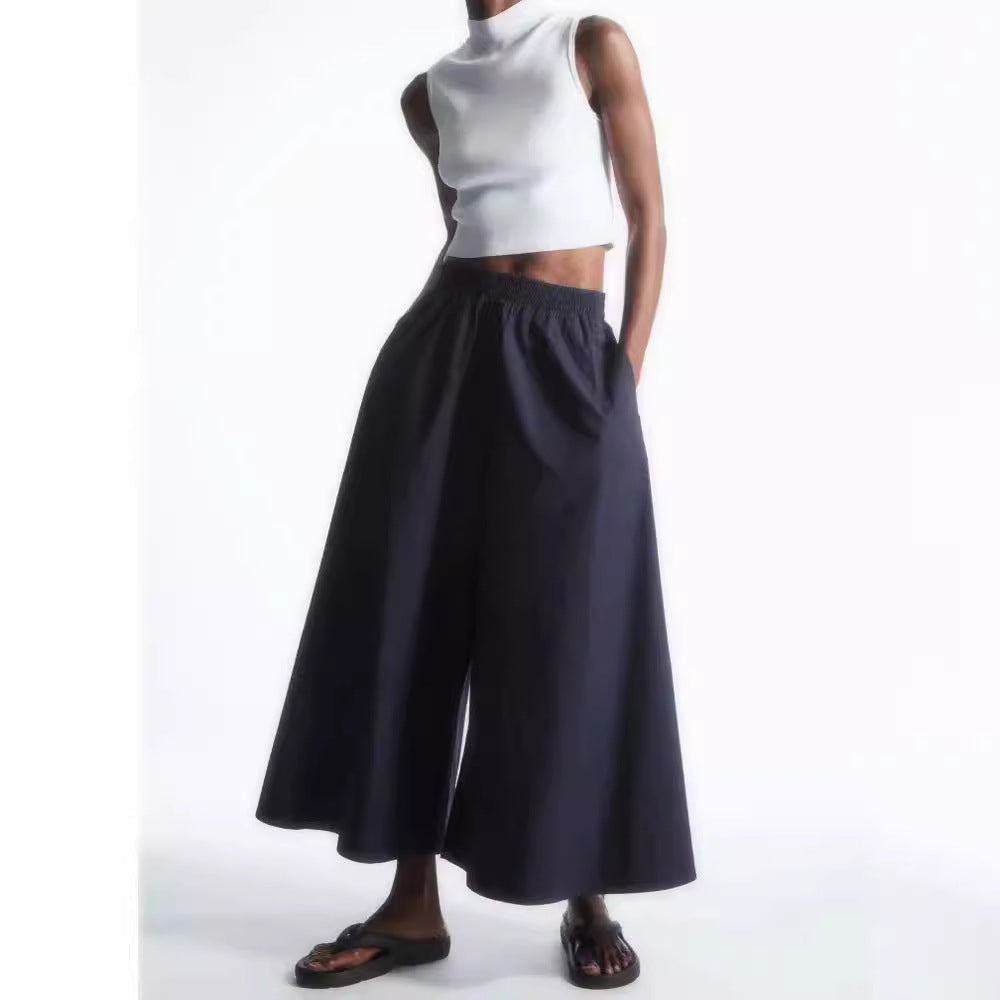 Navy blue stretch waist wide-leg pants