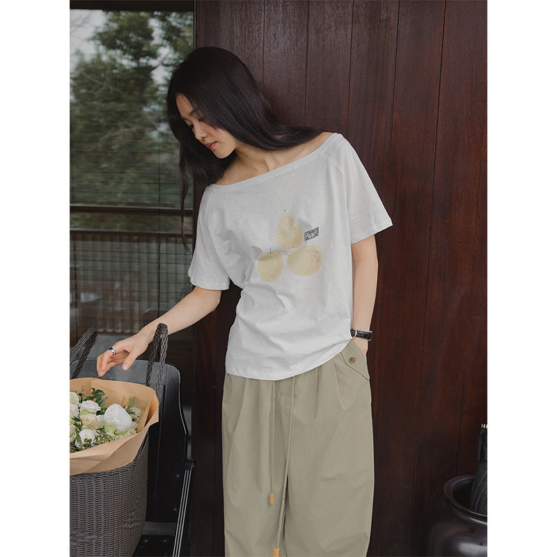 One-word collar slanted shoulder short-sleeved water lazy skin-friendly fruit print summer short-sleeved T-shirt