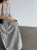 Korean plaid neck lace backless dress summer vacation style waist thin dress