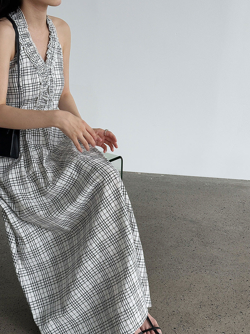 Korean plaid neck lace backless dress summer vacation style waist thin dress