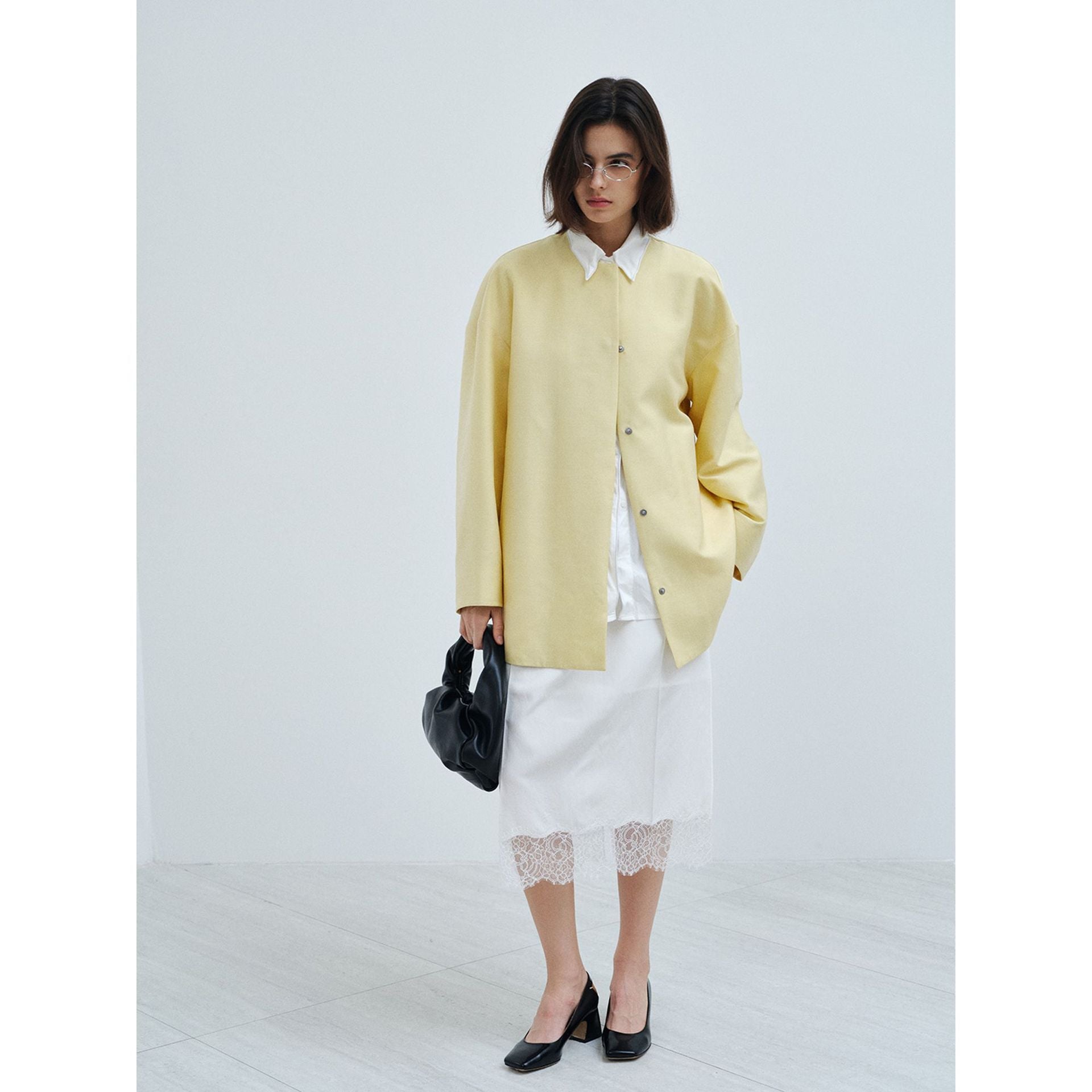 Spring minimalist tencel wool turtle back crew neck loose silhouette jacket
