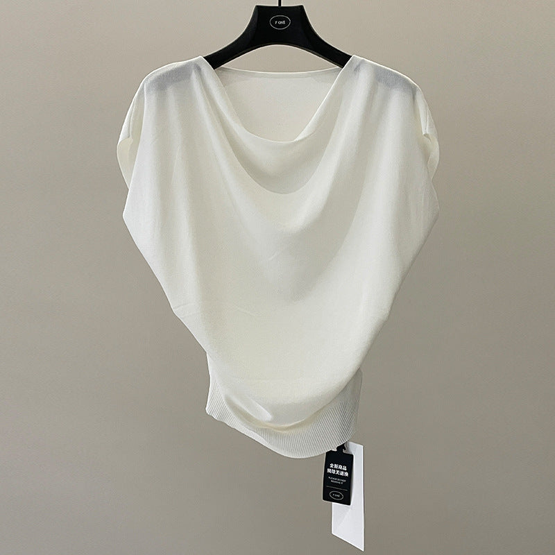 French high-end swing collar knitted shirt spring and summer niche waist ice silk off-the-shoulder top