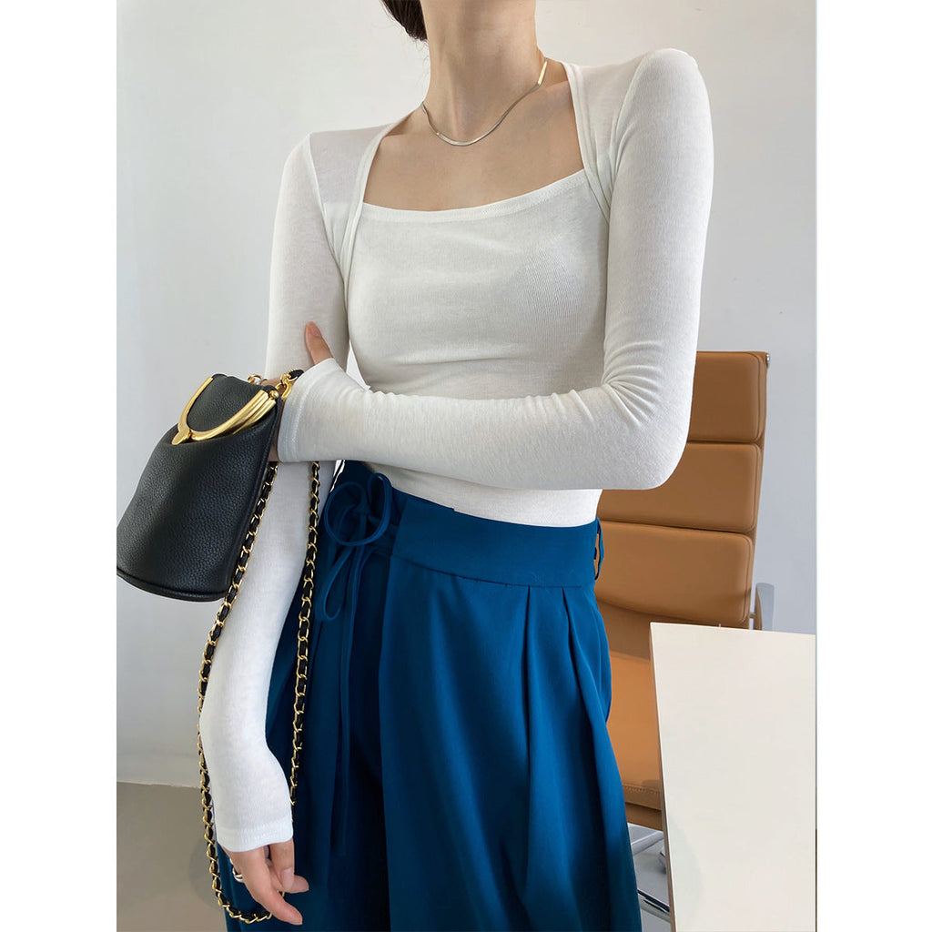 French pure desire long-sleeved square neck t-shirt women's slim and thin fake two-piece top autumn thin bottoming shirt