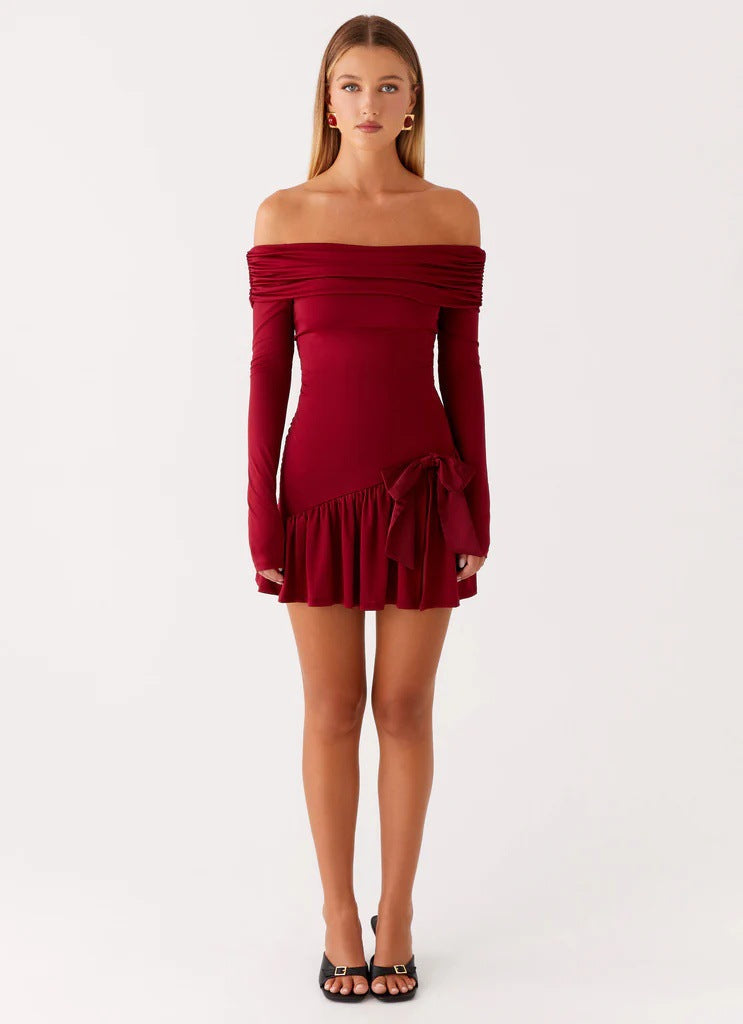 Fashion sexy irregular splicing short skirt long sleeve one-word shoulder dress
