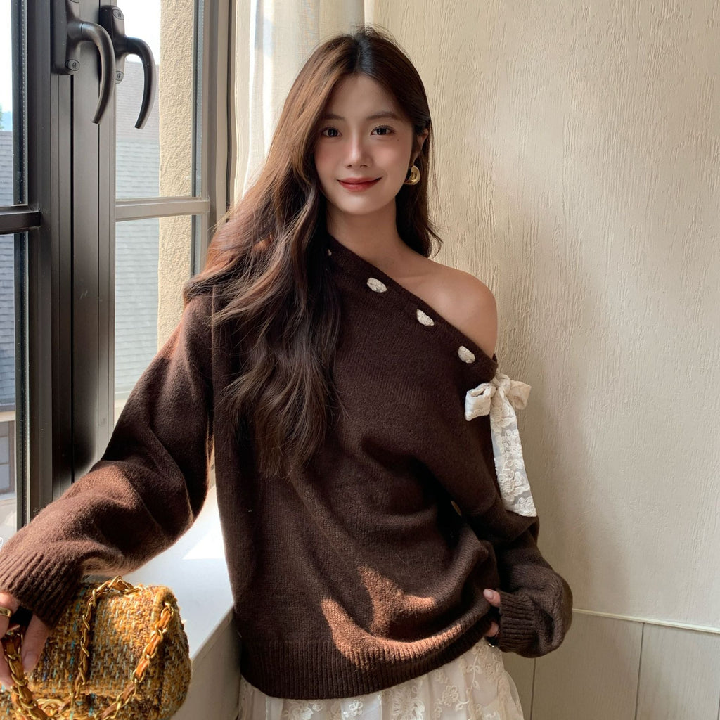 Autumn and winter French atmosphere leopard print strap design diagonal neck off-the-shoulder sweater women