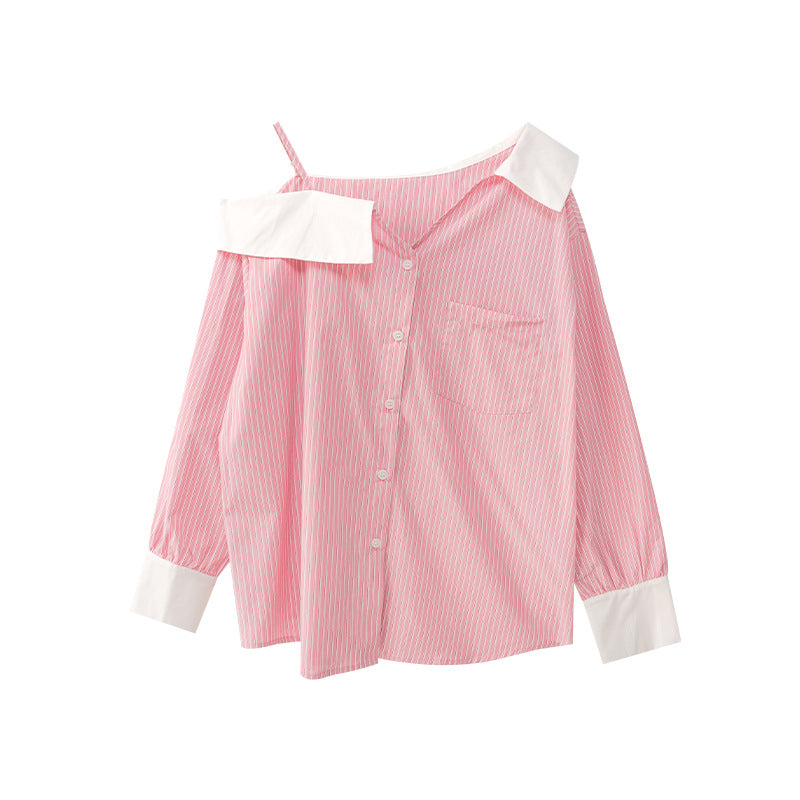 Age-reducing temperament design off-the-shoulder striped shirt
