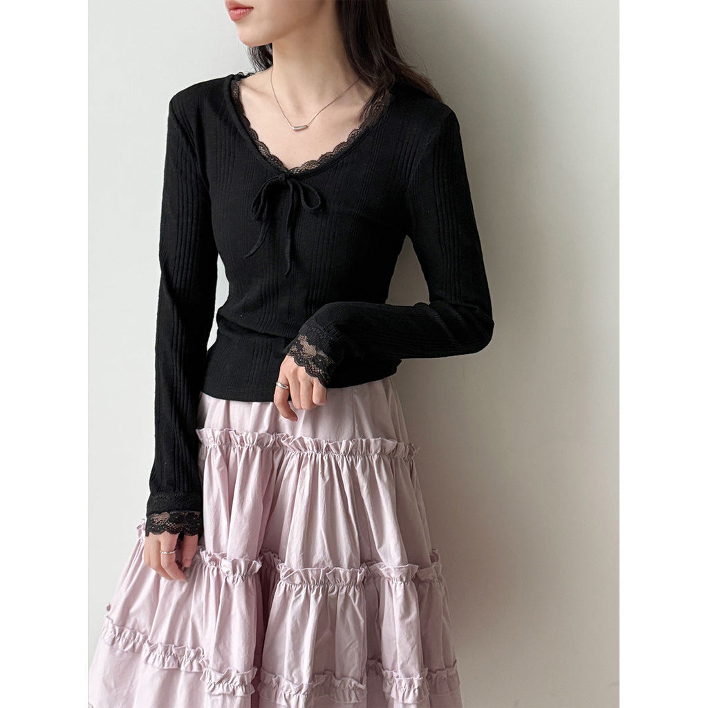 Korean V-neck lace bow long-sleeved T women's early spring new slim-fit bottoming shirt