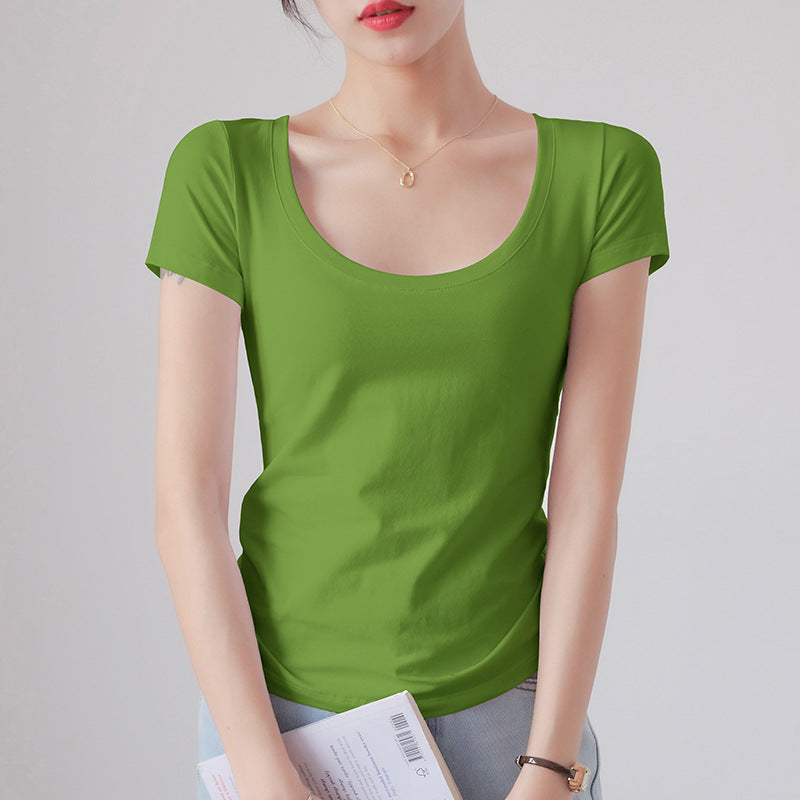 Round Neck Short Sleeve T-Shirt Women Slim Fit Cotton Base Layer Top