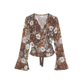 Coffee long-sleeved waist v-neck one-piece shirt