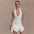 New Fashion Knitted Dress Sexy V-Neck Fungus Curled Edge European and American Holiday Style Suspender Short Skirt Women