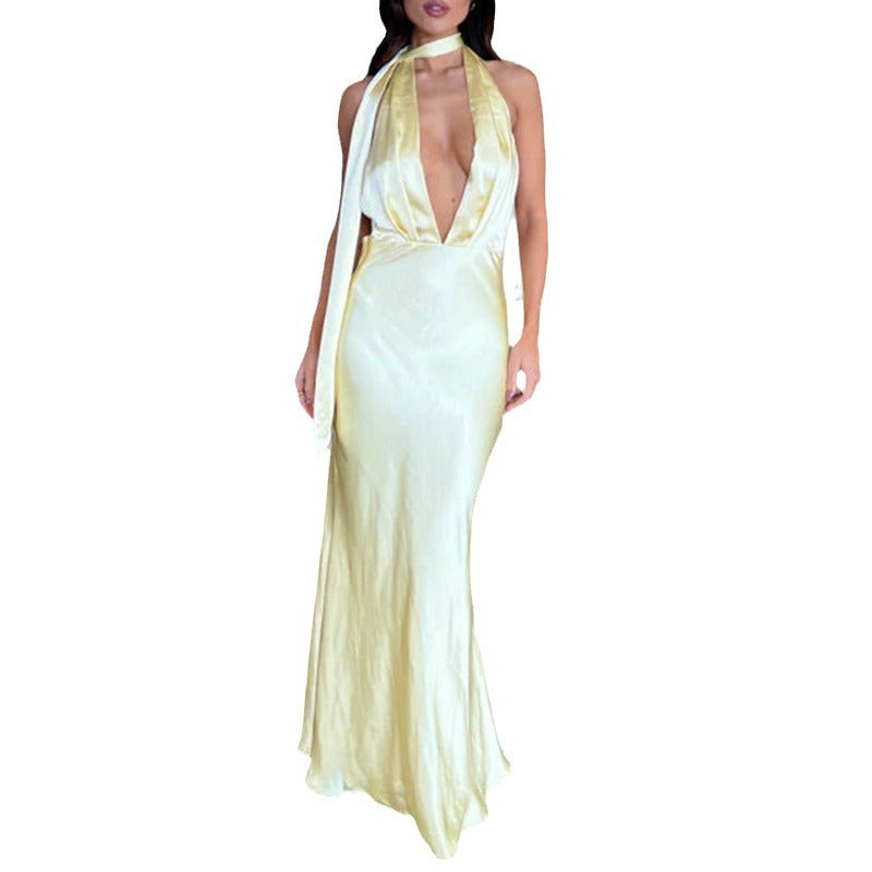 Sexy Spice Deep V Waist Neck Dress Long Dress Solid Color Halter Dress