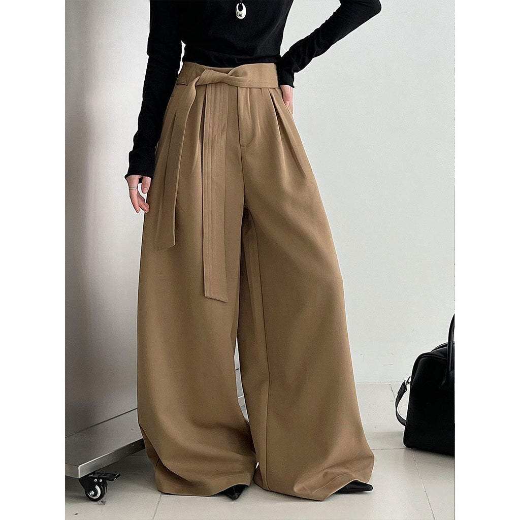 Vintage design straps three-dimensional pleated wide-leg pants autumn casual straight trousers