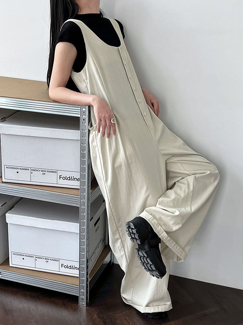 Korean version U-neck wide shoulder strap sleeveless jumpsuit stacked with large pockets casual pants, thin wide-leg trousers