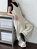 Korean version U-neck wide shoulder strap sleeveless jumpsuit stacked with large pockets casual pants, thin wide-leg trousers