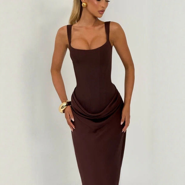 Sexy pleated suspender hip dress waist fishbone hottie dress