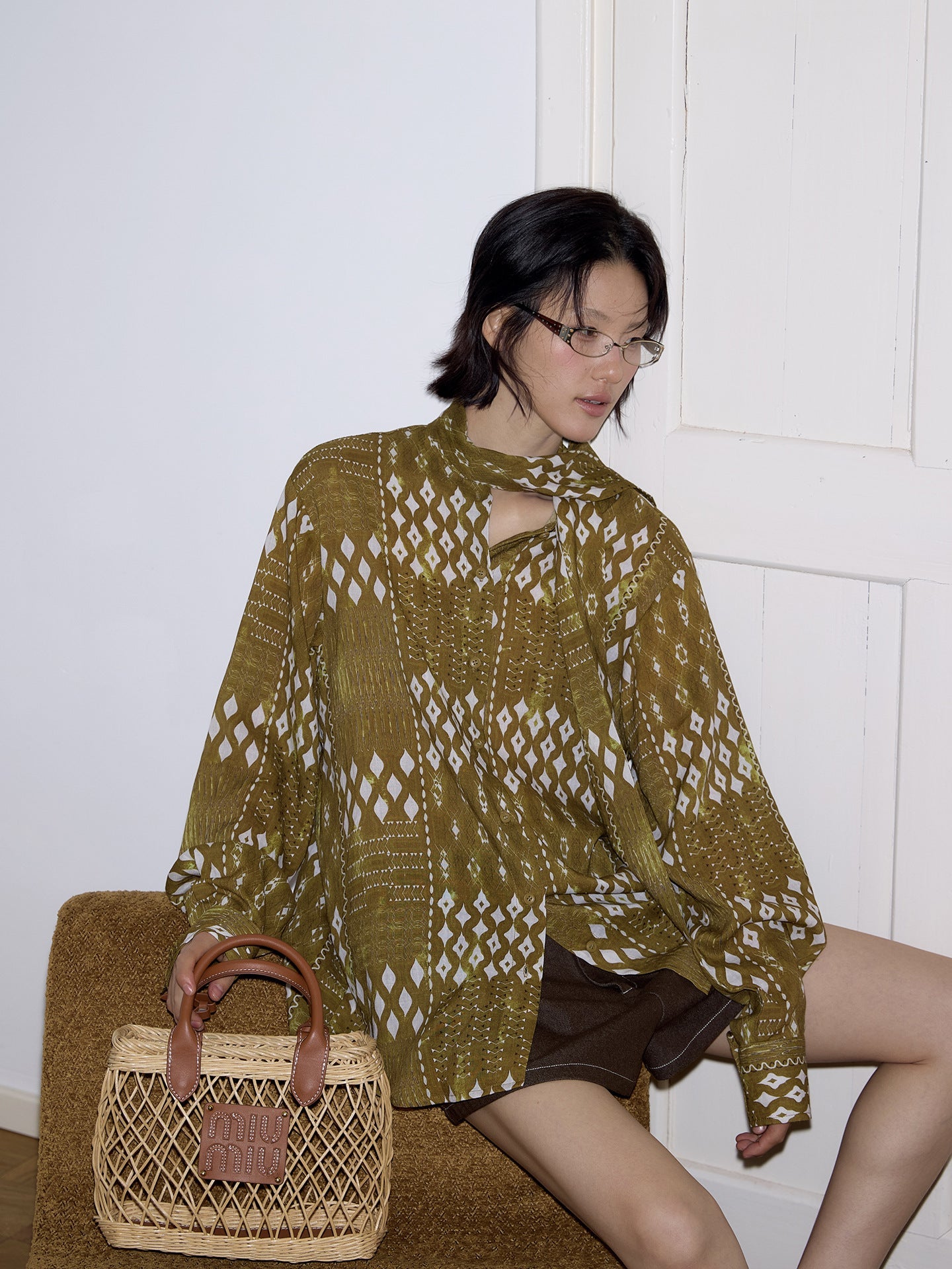 Bohemian Tencel Ramie Ribbon Shirt Geometric Pattern Long Sleeve Top