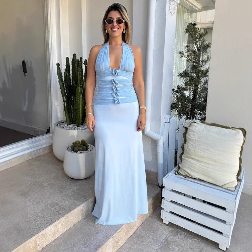 Women's new fashion Spice Girl flower sexy dress backless neck strap long dress women