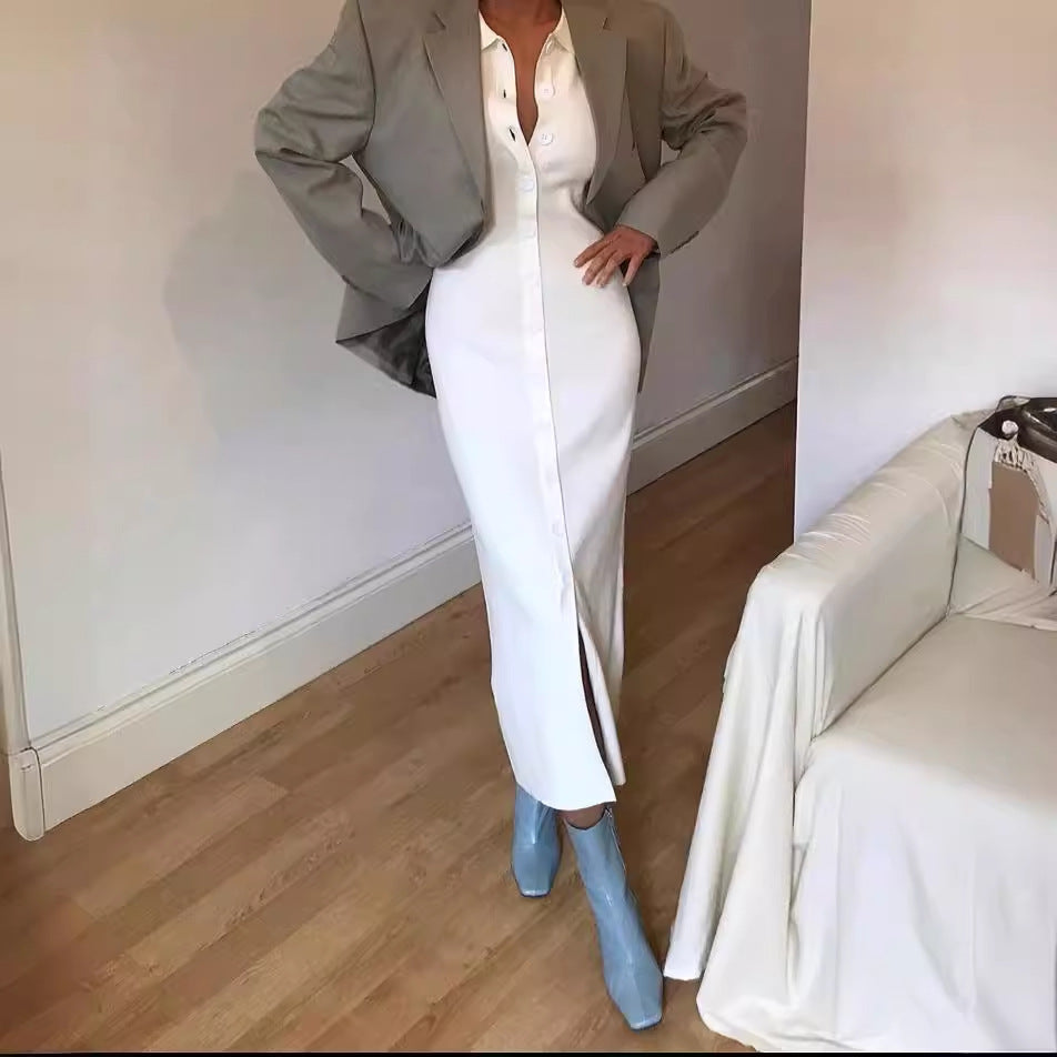 Shirt skirt lapel shirt long dress long sleeve waist temperament commuter cardigan skirt