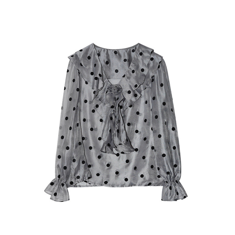 Winter French Retro Ruffle Edge Long Sleeve Sweet Polka Dot Chiffon Shirt