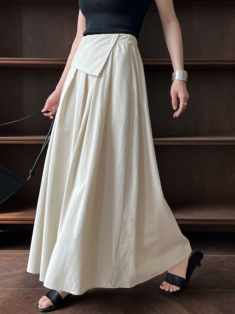 French design skirt autumn elastic waist irregular A-shaped skirt pleated long skirt