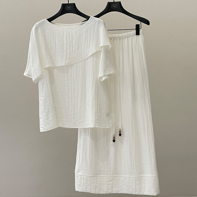 Temperament ruffle edge short-sleeved shirt + drawstring skirt two-piece set minimalist style suit spring and summer