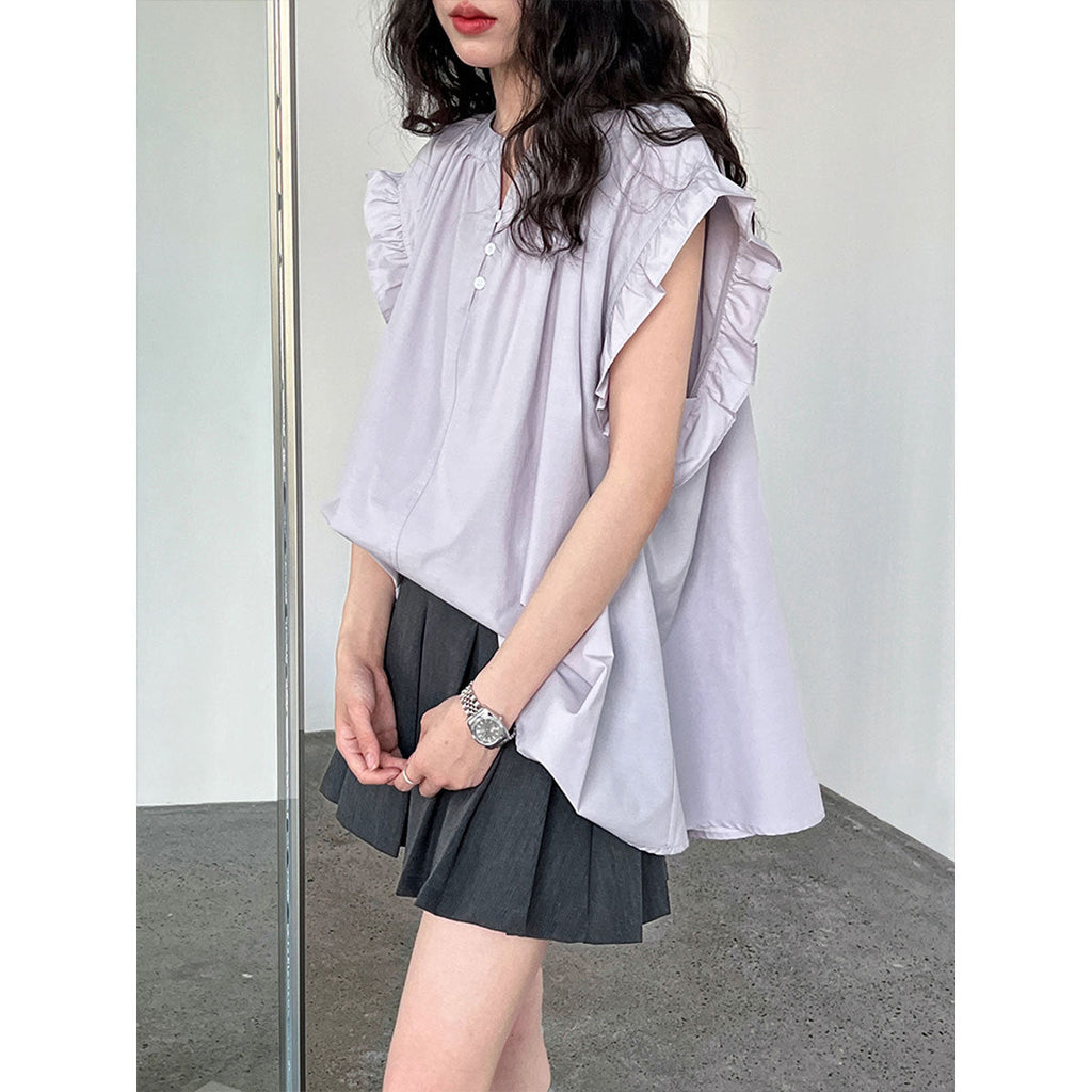 Korean version casual lace lotus leaf sleeve shirt top women's summer new V-neck button pleated short sleeve