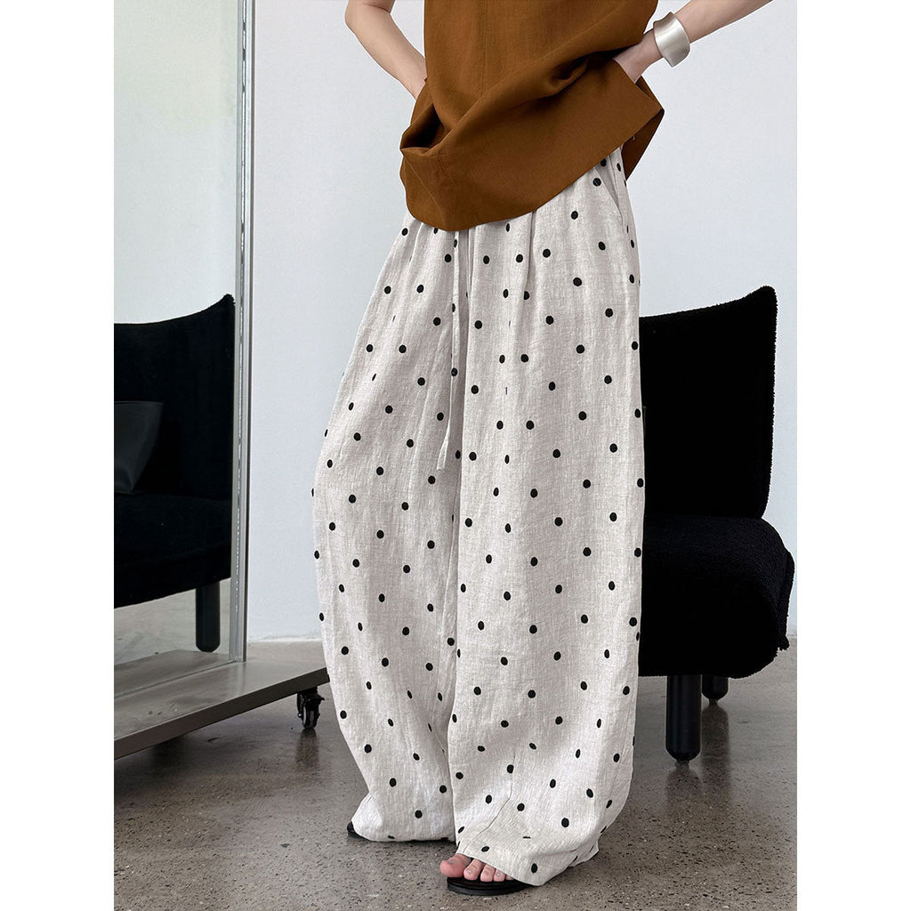 Heavy industry linen~ polka dot embroidery elastic waist thin cotton and linen casual pants women's wide-leg sickle pants