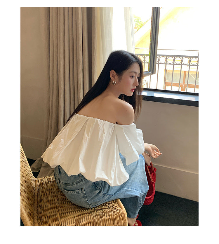 Sweet age-reducing bubble sleeve off-the-shoulder shirt