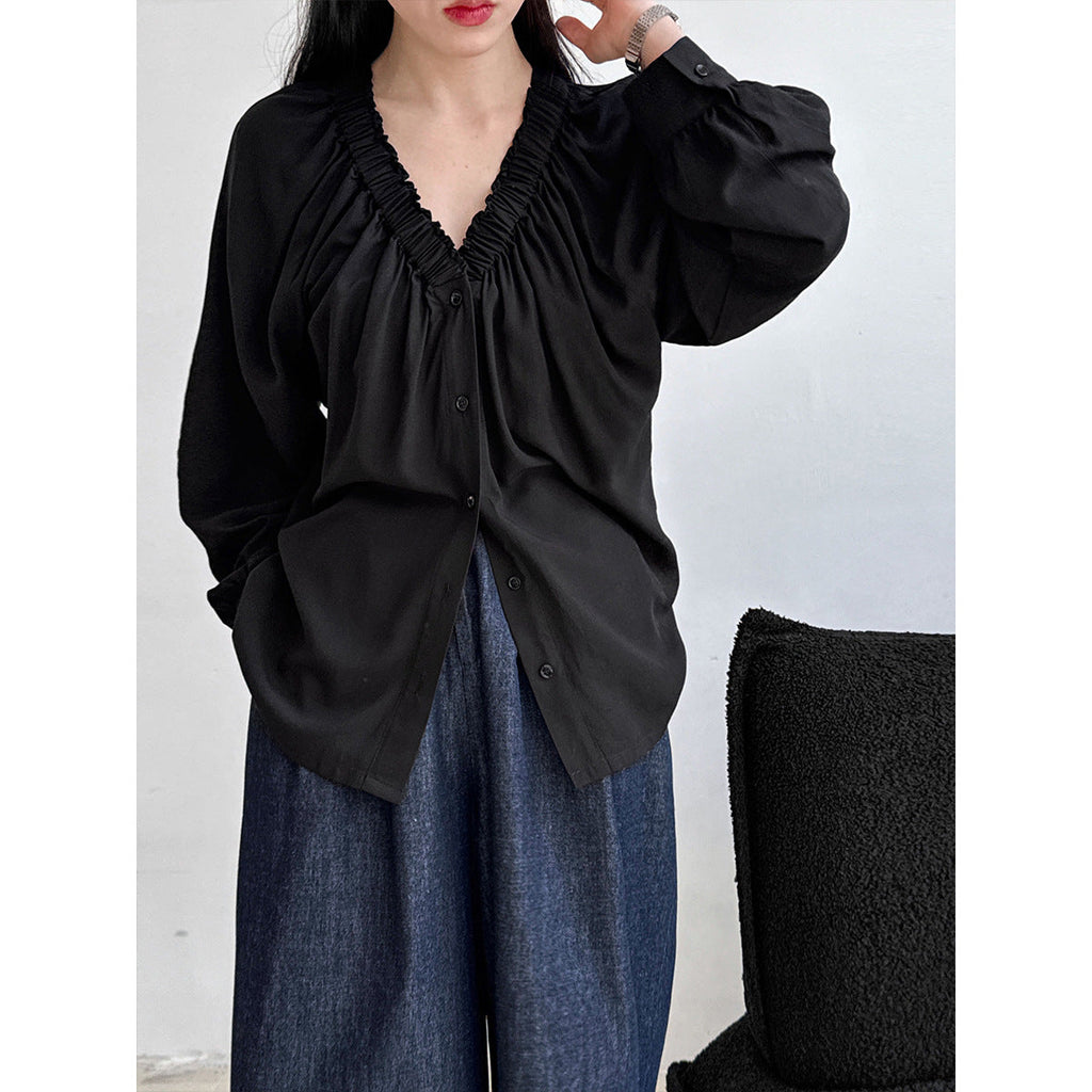 Korean temperament pleated V-neck loose shirt spring new commuter cool sunscreen long-sleeved shirt