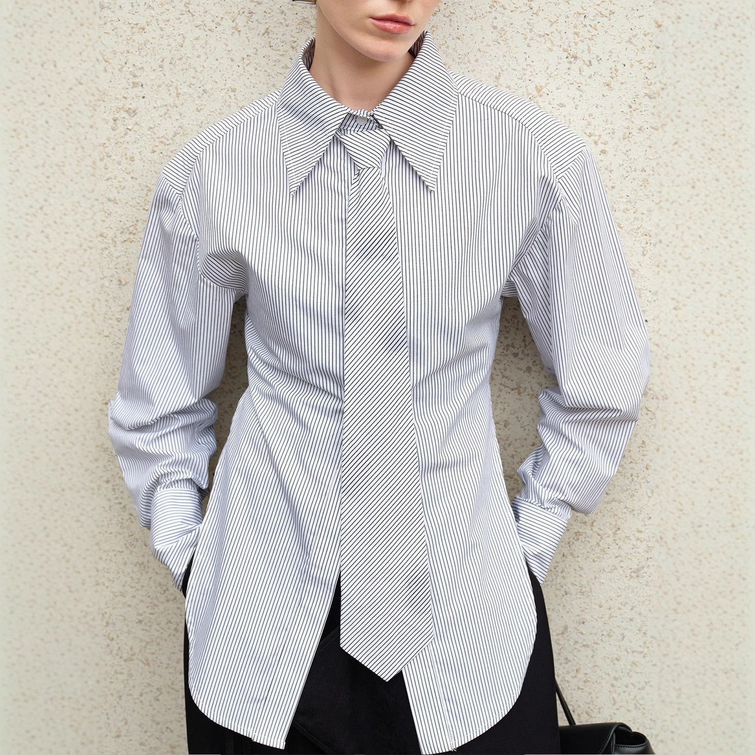 Simple striped shirt women can wear new design sense tie side slit top cross-border South East Asia